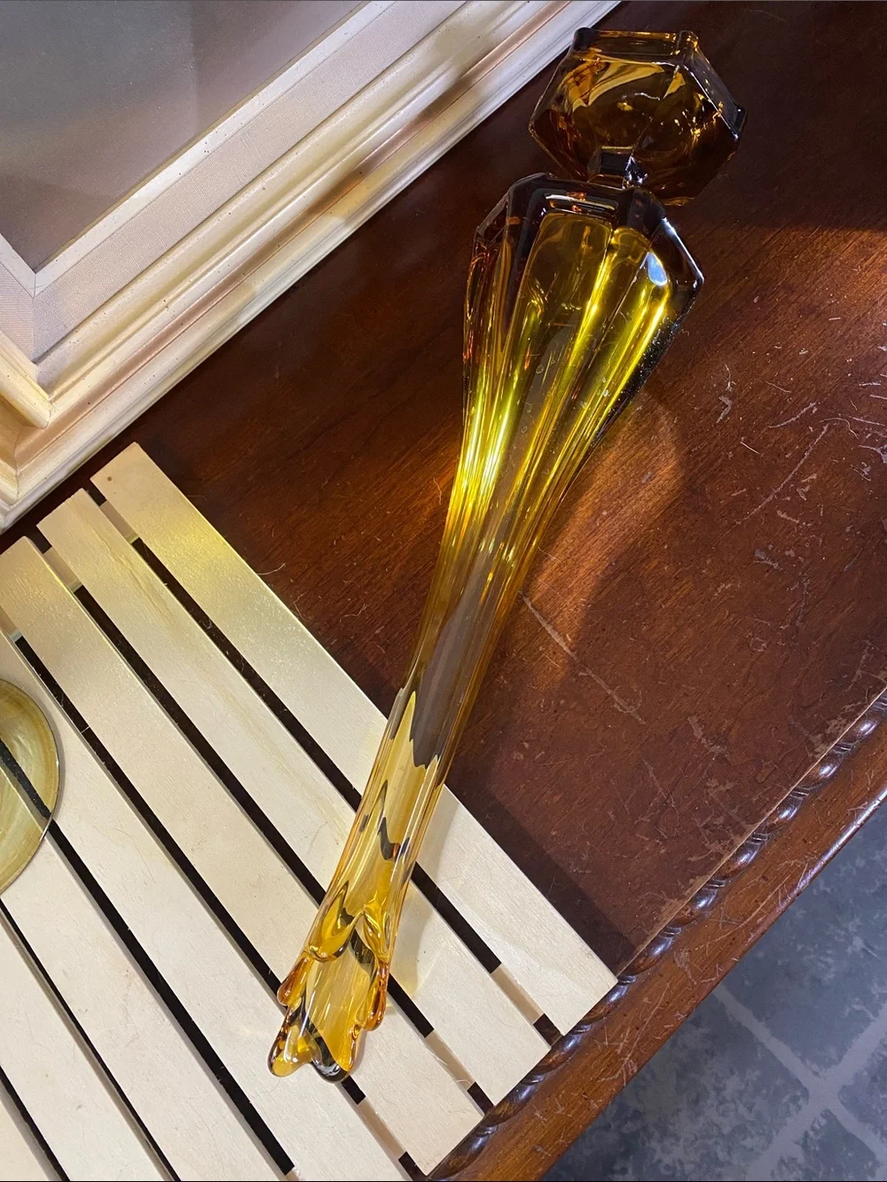 MCM Viking Glass Honey Amber Epic Column Swung Vase 18